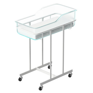 Modern hospital bassinet with clear plastic basin and white metal frame on wheels