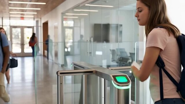 Woman using an access card at a security turnstile, showing entry and passage in a modern building.