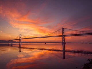 Obraz premium Golden Sunset Over Suspension Bridge with Dramatic Sky Reflection and Serene Water Landscape Background 