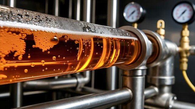 Beer flowing through a transparent pipe with visible bubbles and foam in an industrial brew production system