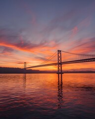Obraz premium Golden Sunset Over Suspension Bridge with Dramatic Sky Reflection and Serene Water Landscape Background 