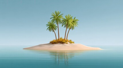 Fototapeta premium Tropical Island Paradise with Lush Green Palm Trees Surrounded by Calm Blue Waters and Soft Sandy Beach in a Peaceful Setting