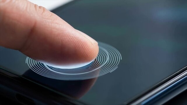 A mans finger pressing on a smartphone screen, showing fingerprint biometric security or unlocking with digital authentication technology.