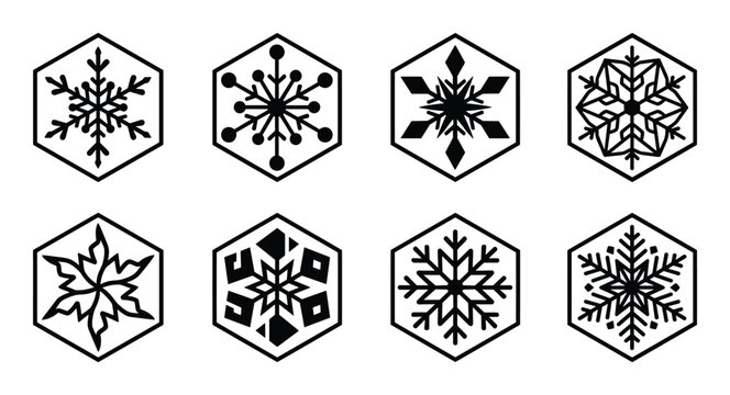 Geometric snowflake crystal icons set inside hexagon frames for winter season holiday design themes