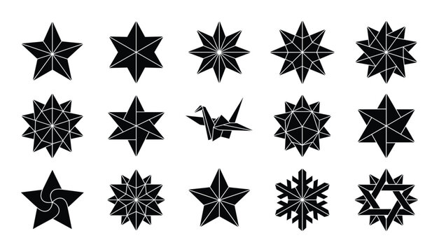 Geometric star and origami crane icon set with snowflake and hexagram symbols on transparent background