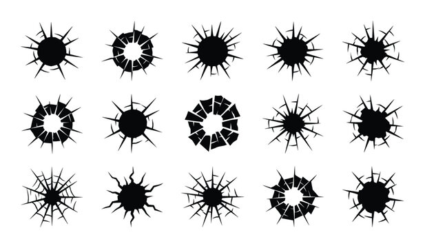 Glass break and bullet hole icons on transparent background shattered surface cracked impact set art