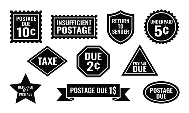 Postage due stamps vector set of various shapes and values for collecting and decorating