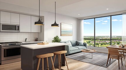 Obraz premium Modern Minimalist Kitchen and Living Area with Natural Light and Scenic Outdoor View in Contemporary Apartment Setting