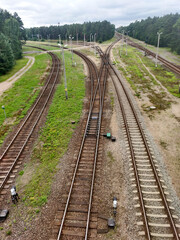 Obraz premium A complex railway junction with multiple tracks curving through a green, wooded area.