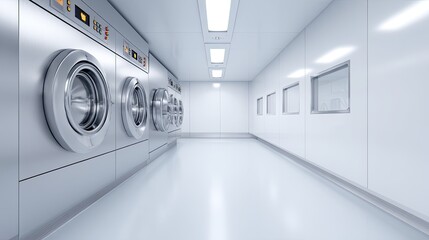 Modern and Clean Laundry Room with Industrial Washing Machines and Bright White Interior, Perfect for Commercial and Residential Use in Minimalist Design