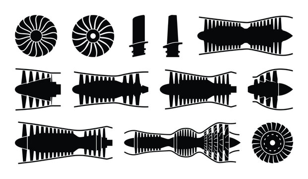 Set of jet engine design for aviation industry and aerospace engineering on transparent backdrop