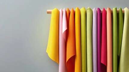 Colorful Fabrics Hanging on a Wooden Rod, Showcasing a Vibrant Collection of Textiles in Various Shades and Textures for Fashion and Design Inspiration