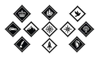 Set of vintage postage stamps with themes crown ship bird car compass rocket etc © GoDesigner