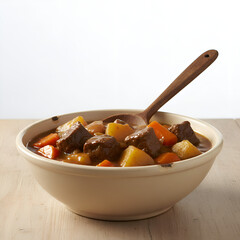 Realistic rustic scouse stew presentation with vintage bowl and wooden spoon
