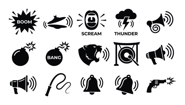 Sound effects vector design set with boom scream thunder and bomb isolated on transparent background