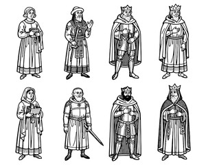 vector engraving illustration of a set of medieval people