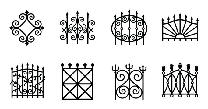Wrought iron fence and gate decorative elements set with vintage swirls and classic floral patterns