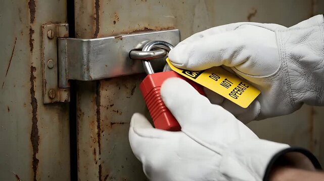 Close up of a hand wearing a white work glove attaching a yellow caution do not operate tag to a red lockout hasp on a rusty metal door demonstrating safety procedures and lockout tagout protocols in