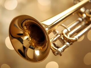 Golden Trumpet Close Up with Warm Bokeh Light &ndash; Elegant Brass Musical Instrument for Jazz, Classical Concert and Orchestra Performance