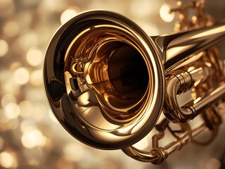 Golden Trumpet Close Up with Warm Bokeh Light &ndash; Elegant Brass Musical Instrument for Jazz, Classical Concert and Orchestra Performance