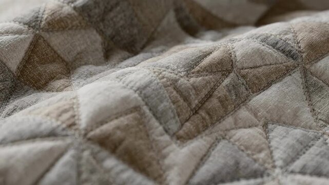 Medium shot of geometric decorative detailing showcasing intricate stitching and quilting patterns creating sharp angles and repetitive shapes in soft fabric textures.