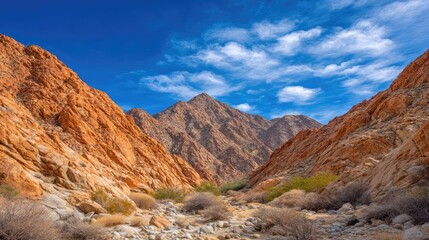 Fototapeta premium Majestic Desert Landscape Featuring Rugged Mountains Under a Clear Blue Sky with Fluffy Clouds and Rock Formations in a Serene Natural Setting