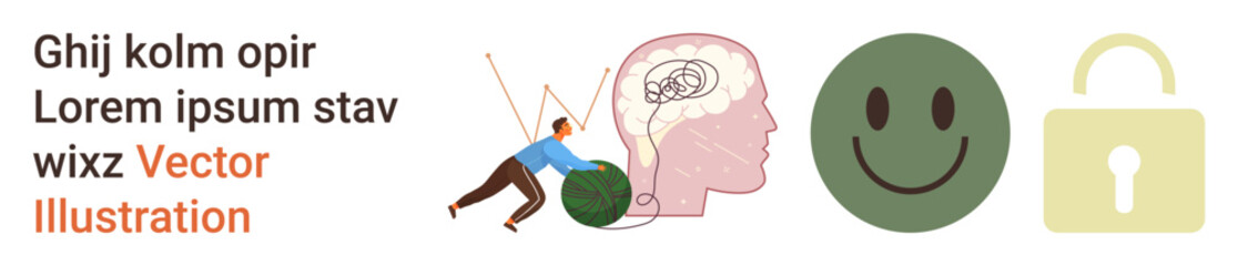 Fototapeta premium Mental health, emotional stability, problem-solving, productivity, security, digital protection. Person moving a ball, brain with markings happy face and lock symbols. Emotional well-being