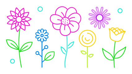 Naklejka premium Colorful Neon Line Art Flower Doodles Collection on White Background: Daisies, Roses, and Tulips Set