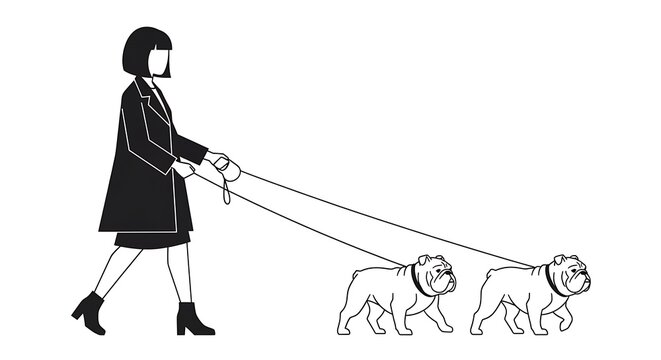 Stylish woman walking two bulldogs illustration on a white background