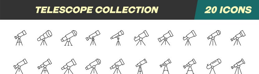 Collection of icons of Telescope for Advertisement. Suitable for books, stores, shops. Editable stroke in minimalistic outline style. Symbol for design © Dilia Almukhambetova