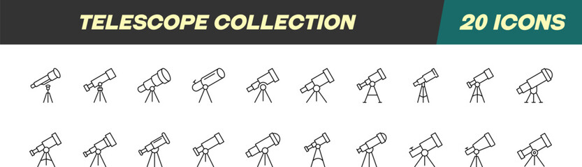 Collection of Icons of Telescope. Suitable for books, stores, shops. Editable stroke in minimalistic outline style. Symbol for design © Dilia Almukhambetova
