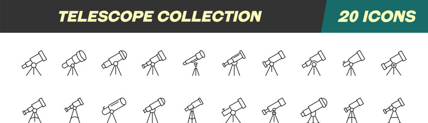 Collection of Signs of Telescope. Suitable for books, stores, shops. Editable stroke in minimalistic outline style. Symbol for design © Dilia Almukhambetova
