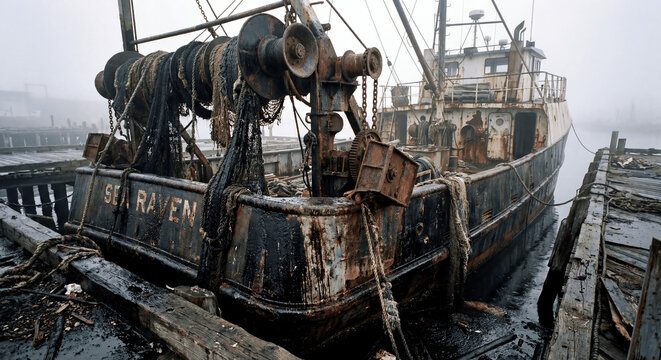 Abandoned rusty fishing boat Sea Raven at foggy harbor