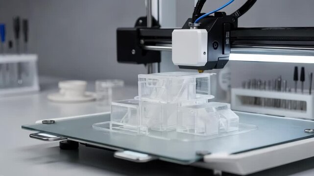 Medium shot capturing transparent test parts emerging from a 3D printer highlighting clarity and precision in prototype development.