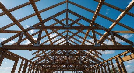 Building Construction Site with Exposed Roof Beams.