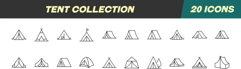 Collection of Line Icons of Tent for Adverts. Suitable for books, stores, shops. Editable stroke in minimalistic outline style. Symbol for design © Dilia Almukhambetova