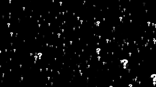 Camera moving through question marks on the alpha channel background. Question marks flying animated. Questions marks animated flying particles black background alpha.4k video animated