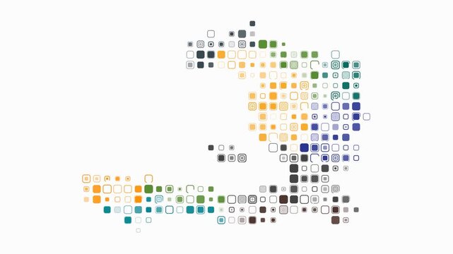 Haiti map animation. Shape of the country with pulsating colored dots. Large size rounded square blocks. Digital style Haiti map on white background. Classy video.