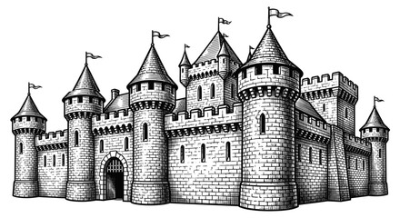 Obraz premium A detailed black and white hand-drawn illustration of a medieval fantasy castle with multiple towers and flags.