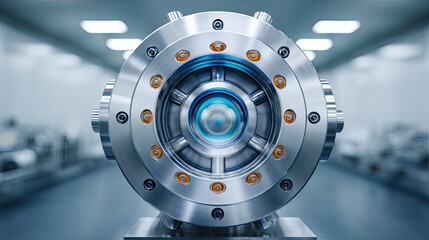 Fototapeta premium Close-Up of Industrial Machine Component with Precision Engineering and Advanced Technology in a Modern, Well-Lit Laboratory Environment