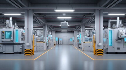 Modern Industrial Facility with Advanced Machinery and Organized Workflow in a Clean, Well-Lit Environment for Manufacturing and Production Processes