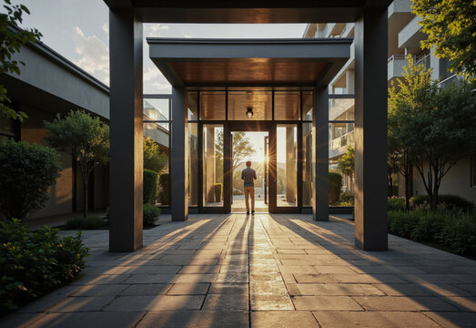 A man stands silhouetted in the entrance of a modern architectural building as the bright sun casts long, dramatic shadows across the paved courtyard.
