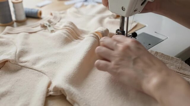 Medium shot of a lightweight cotton sleepsuit being skillfully sewn focusing on the twoway zipper design and detailed stitching to ensure easy dressing and breathability.