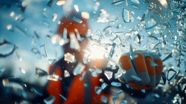 A worker inspects broken glass during an industrial safety inspection