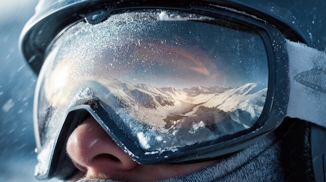 extreme close up snow sports goggles with detailed lens reflection and texture