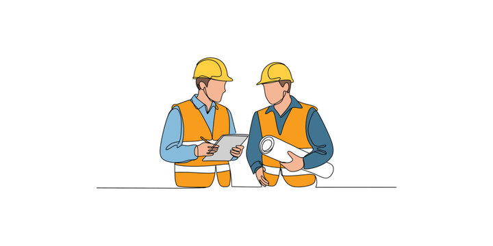 Continuous line drawing of two construction workers holding blueprints and a clipboard