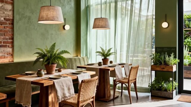 Medium shot showcasing a modern bistro ambiance with earthy greens and muted hues blending harmoniously for a fresh organic dining vibe.