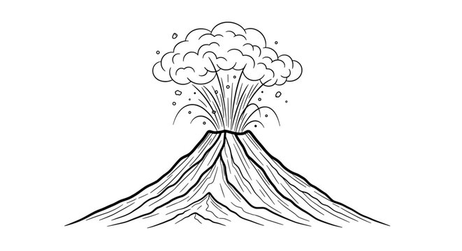 Detailed line drawing of symmetrical volcano eruption with smoke and lava layers