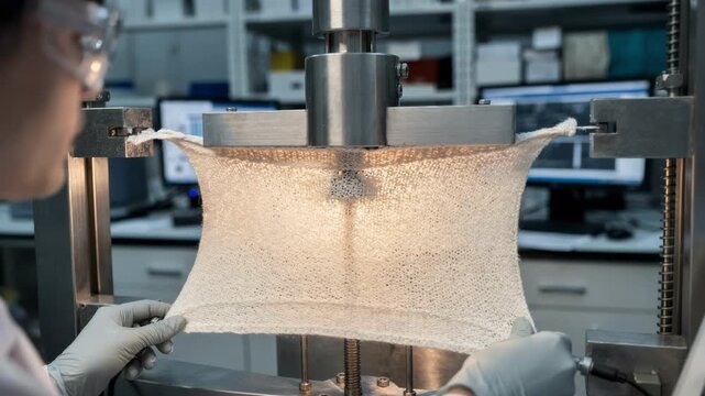 Scientist examines control stitch fabric under tension test showcasing baseline durability and seamless knit quality in textile research lab.