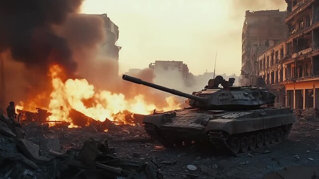 Military tank advances across battlefield near damaged buildings in intense dramatic war environment
